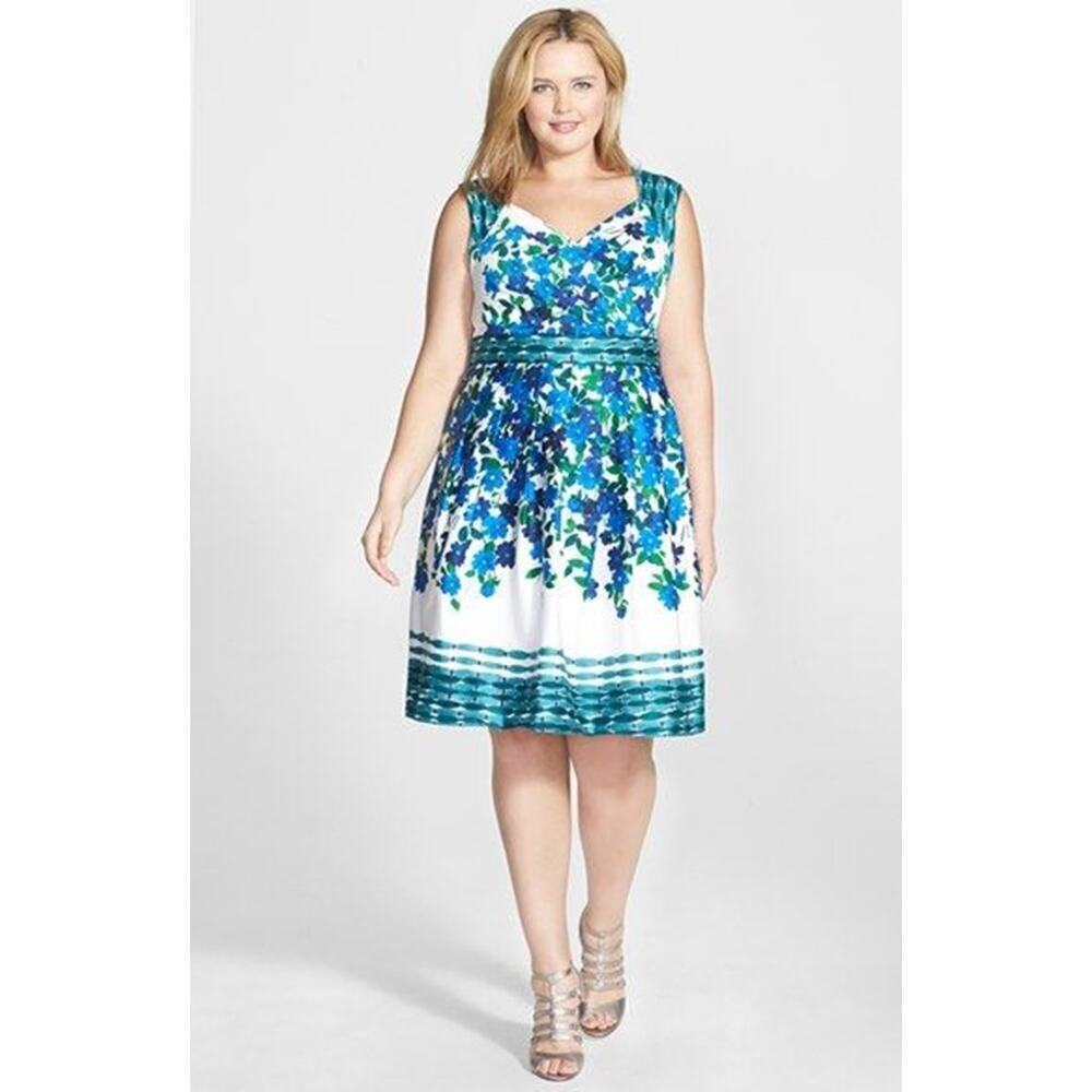 Adrianna Papell Floral Stretch Cotton Fit & Flare Dress Blue Green Size 6